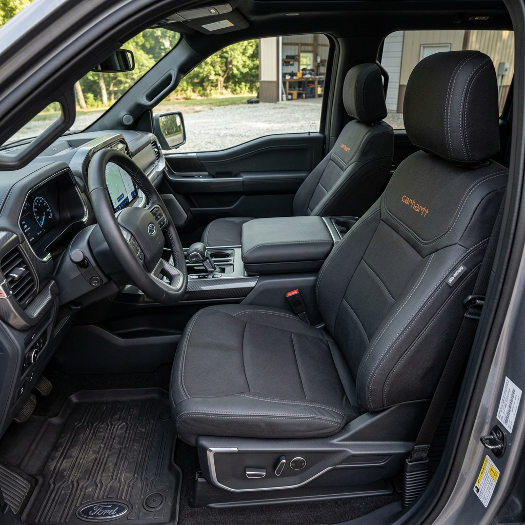 Ford truck interior with black Carhartt-branded seats and dashboard