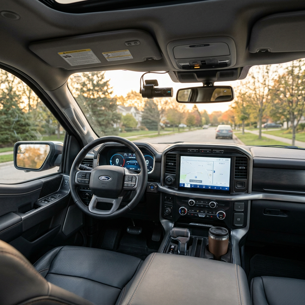 Interior view of a Ford truck cabin with steering wheel, digital dashboard, and touchscreen navigation display