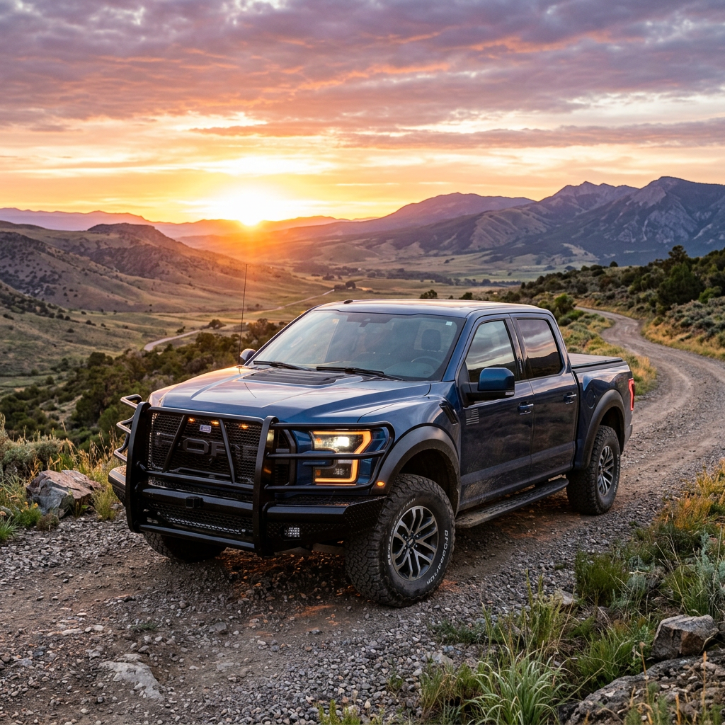 Dark blue pickup truck on rocky dirt road with mountains and sunset in background