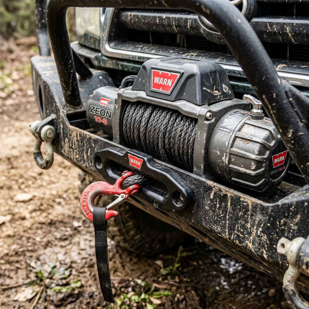 Warn Zeon 10-S electric winch with steel cable and red hook on vehicle bumper