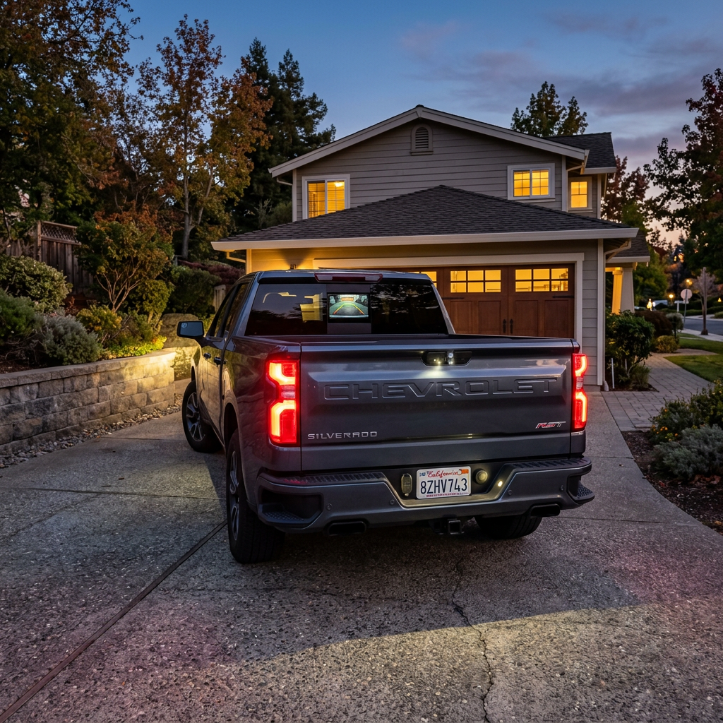 Rear view of a gray Chevrolet Silverado truck parked in a driveway at dusk in front of a house with illuminated windows
