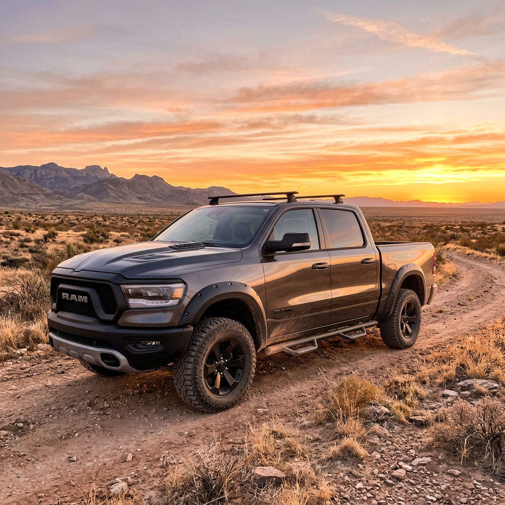 Black RAM pickup truck on a dirt road in desert at sunset