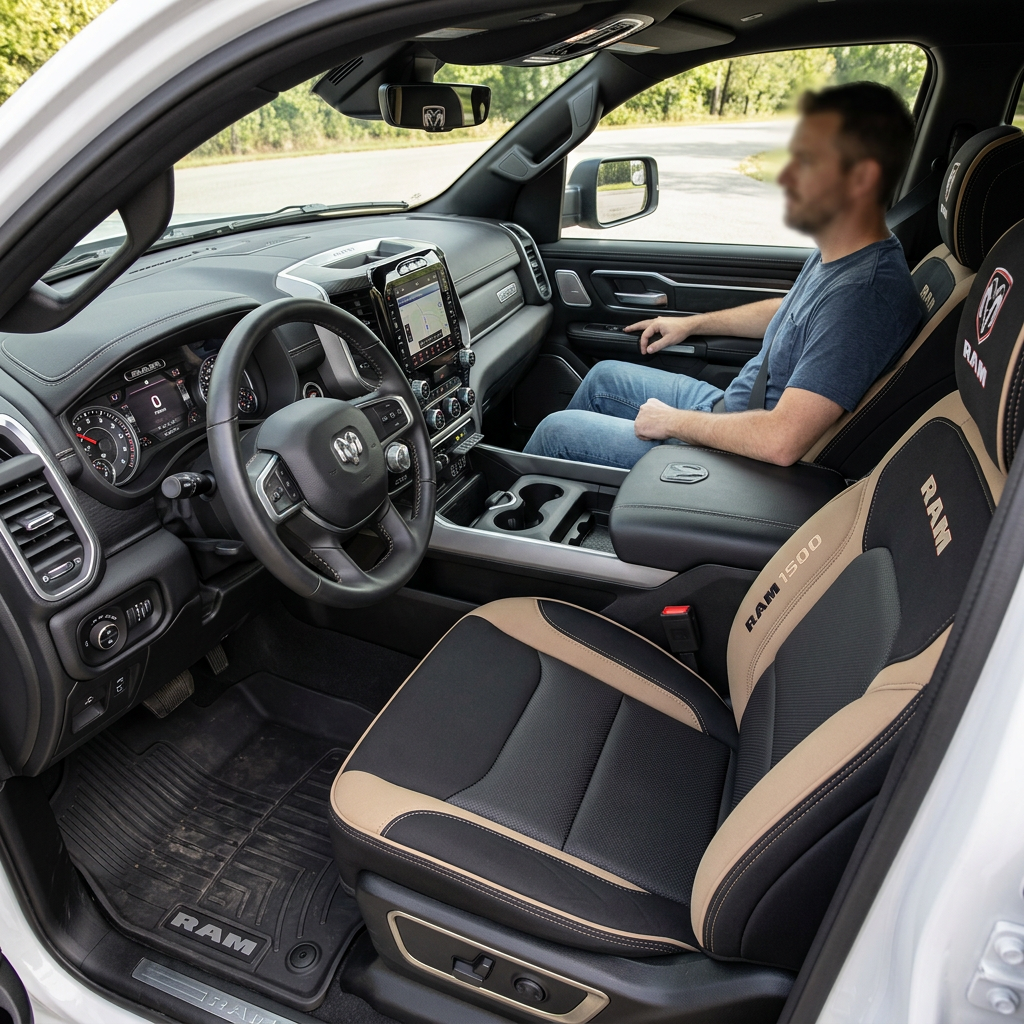Interior of a RAM 1500 truck with detailed view of seats, dashboard, and a man sitting in the passenger seat