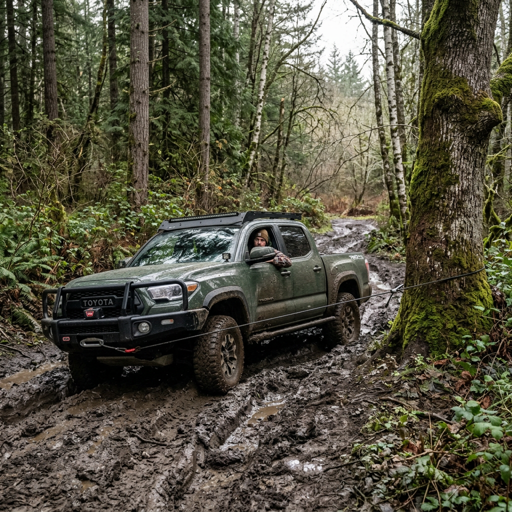 Green Toyota pickup truck winching on muddy forest trail