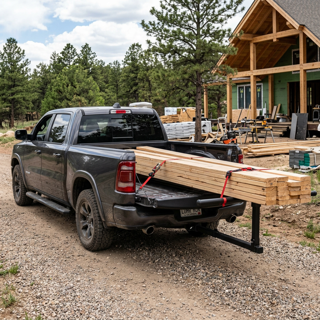 Pickup truck carrying long wooden boards secured with red straps using a bed extender
