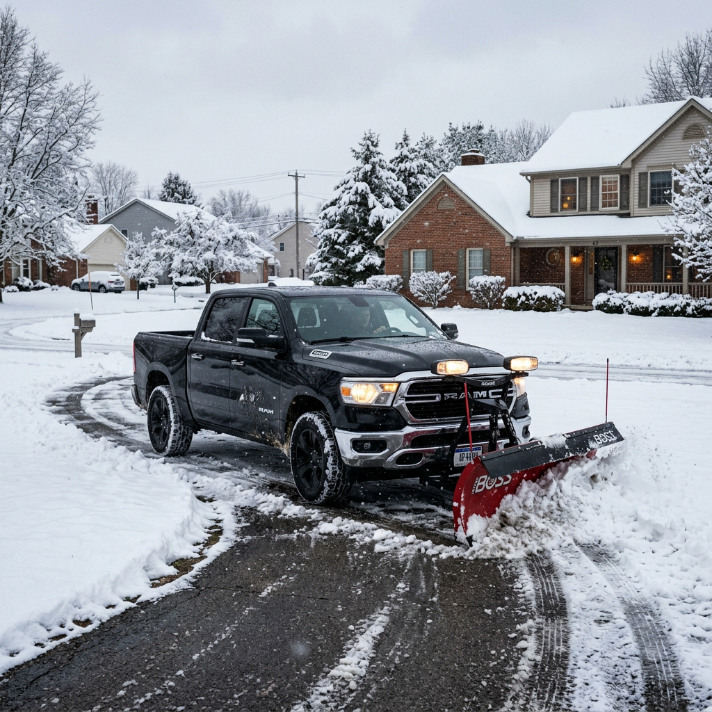 Black pickup truck with red snow plow clearing snow on residential driveway