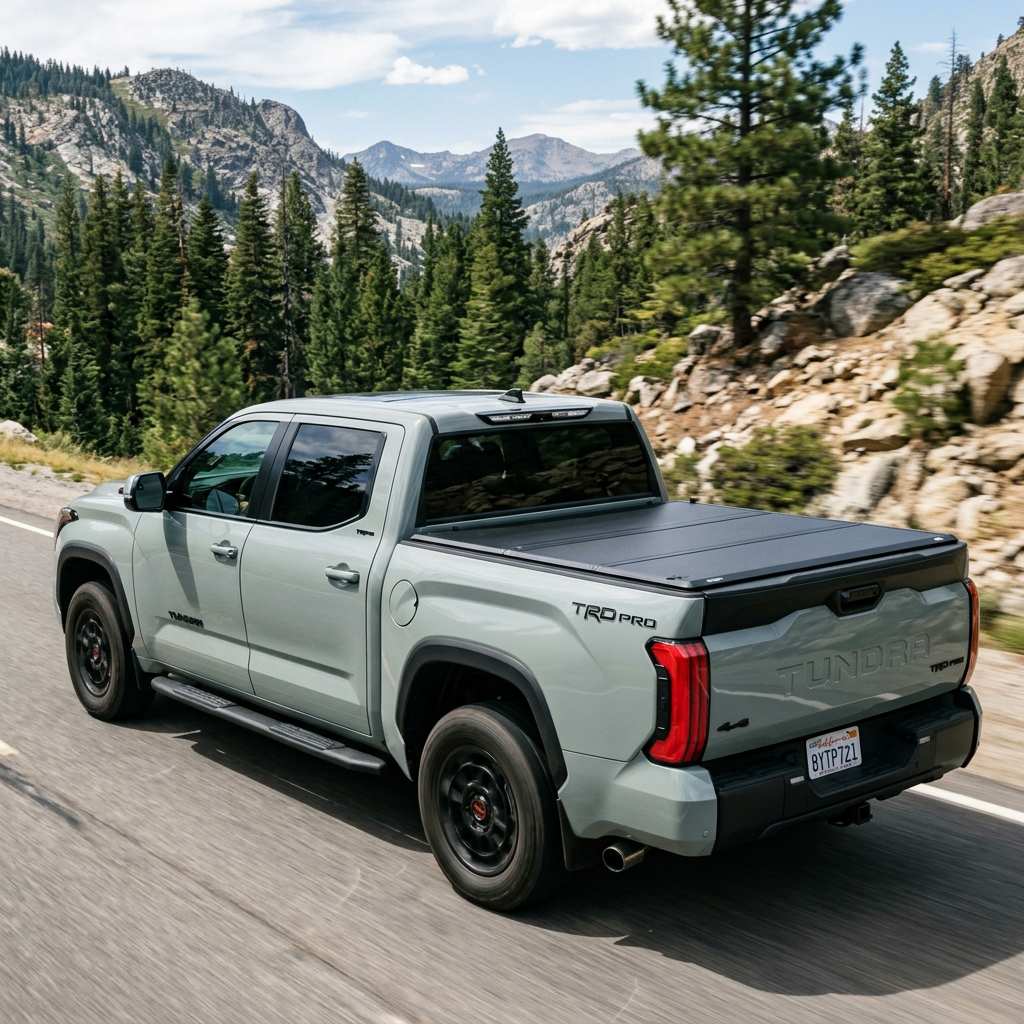 Toyota Tundra TRD Pro pickup truck driving on a highway with mountain landscape and evergreen trees