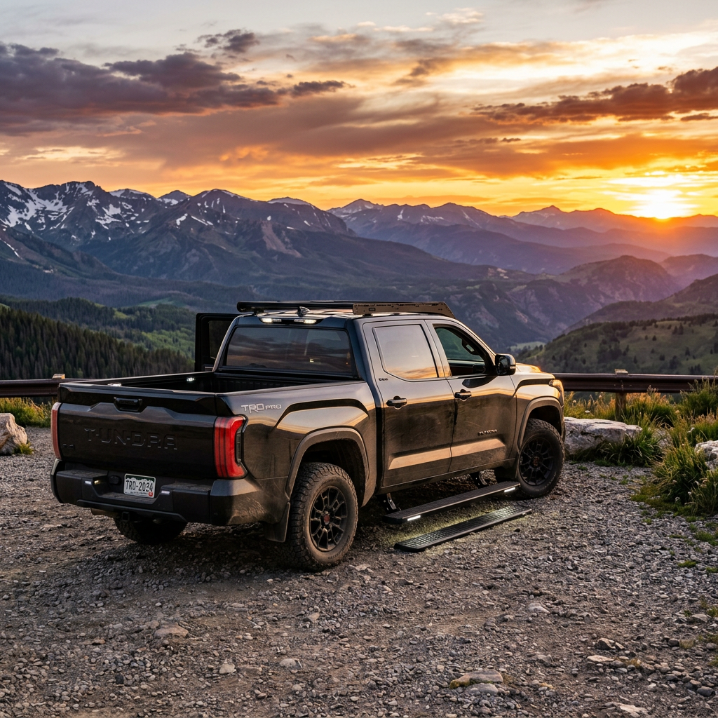Black Toyota Tundra TRD Pro pickup truck parked on gravel at mountain overlook during sunset