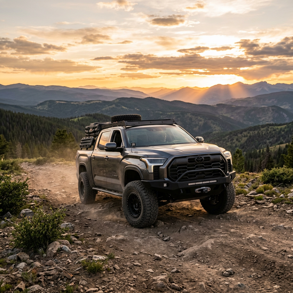 Off-road truck driving on rocky mountain trail with sunset in background