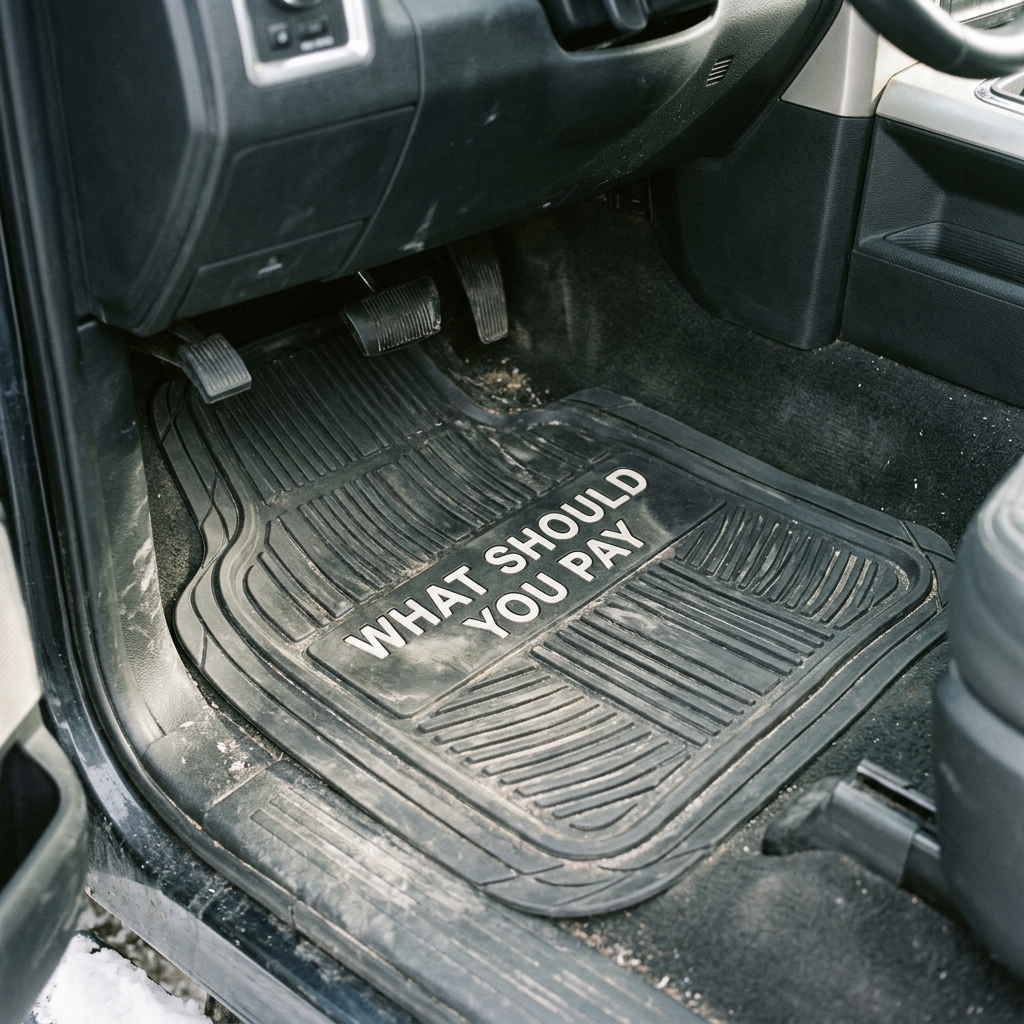 Black car floor mat with the text 'WHAT SHOULD YOU PAY'