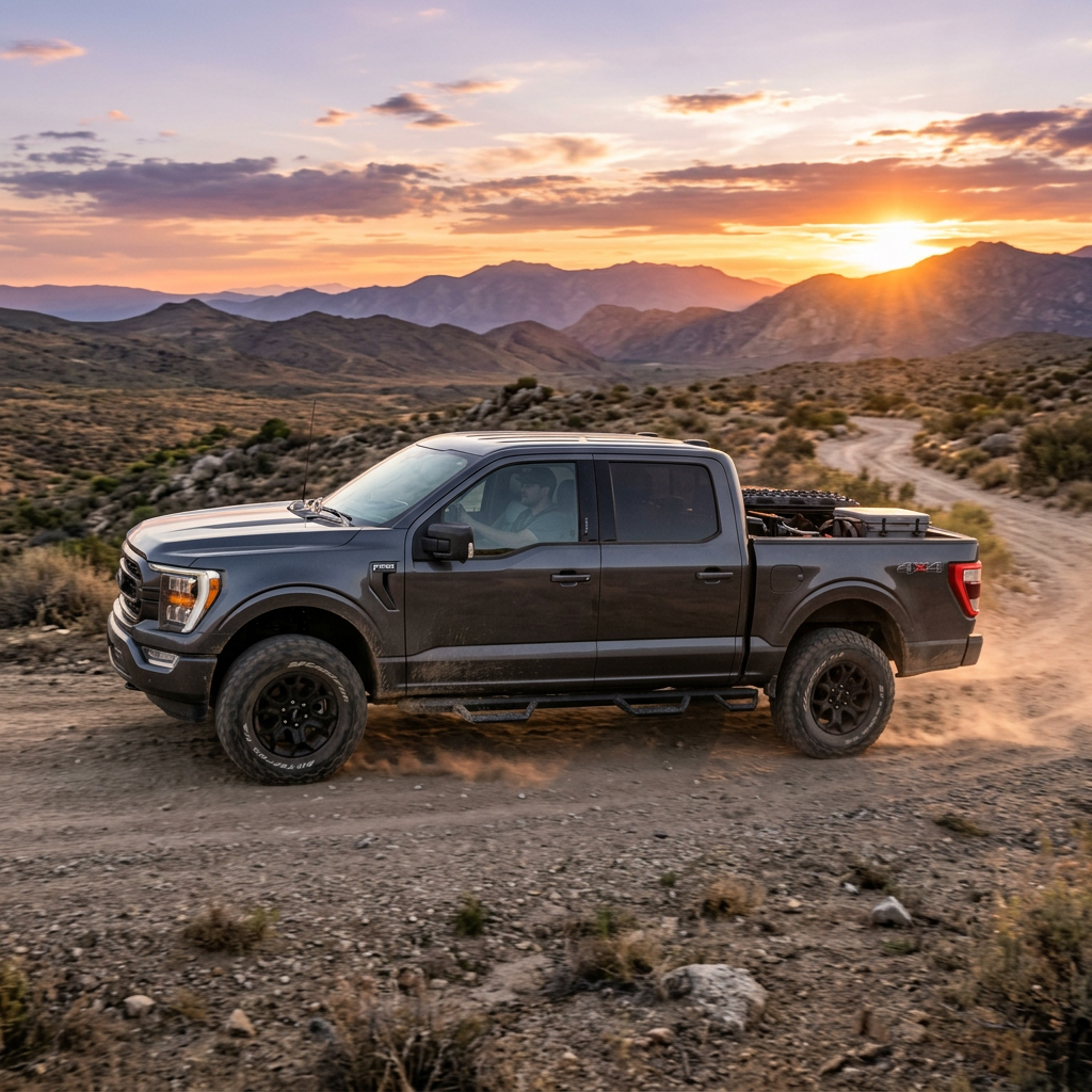 Black pickup truck driving on a winding dirt road in desert terrain at sunset