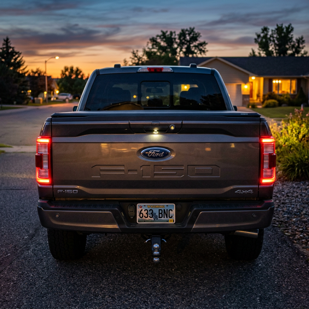 Rear view of a Ford F-150 pickup truck with illuminated tail lights on a residential street at sunset