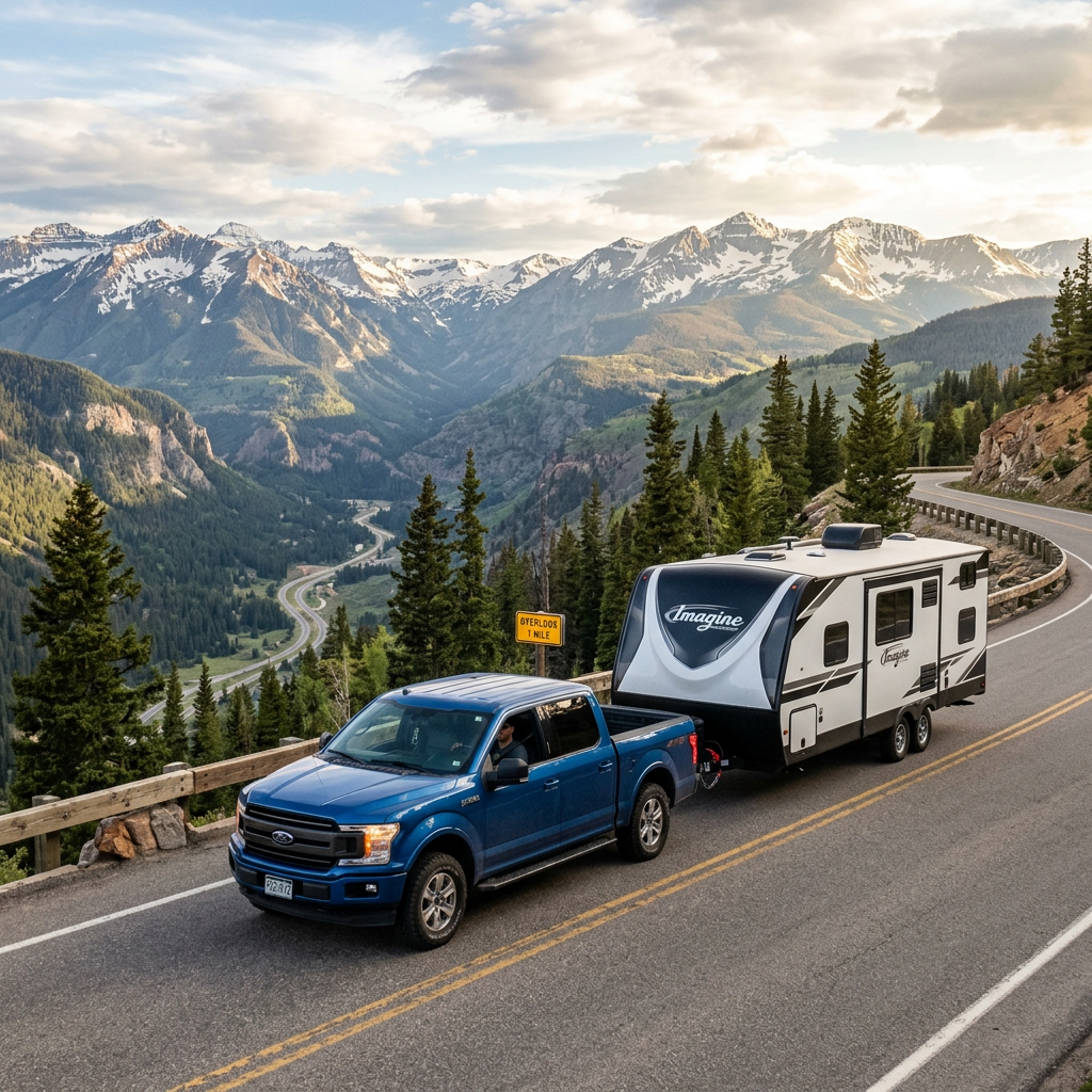 Blue pickup truck towing white Imagine travel trailer on winding mountain road