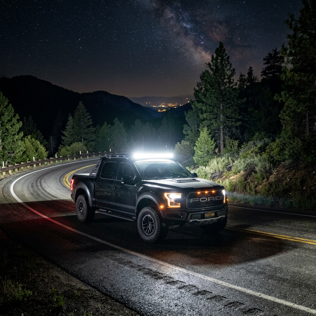 Black Ford pickup truck with roof light bar on curved mountain road at night under stars