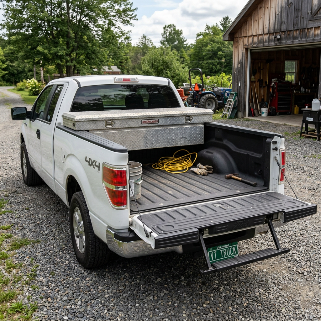 White 4x4 pickup truck with open bed holding tool box, gloves, and cords