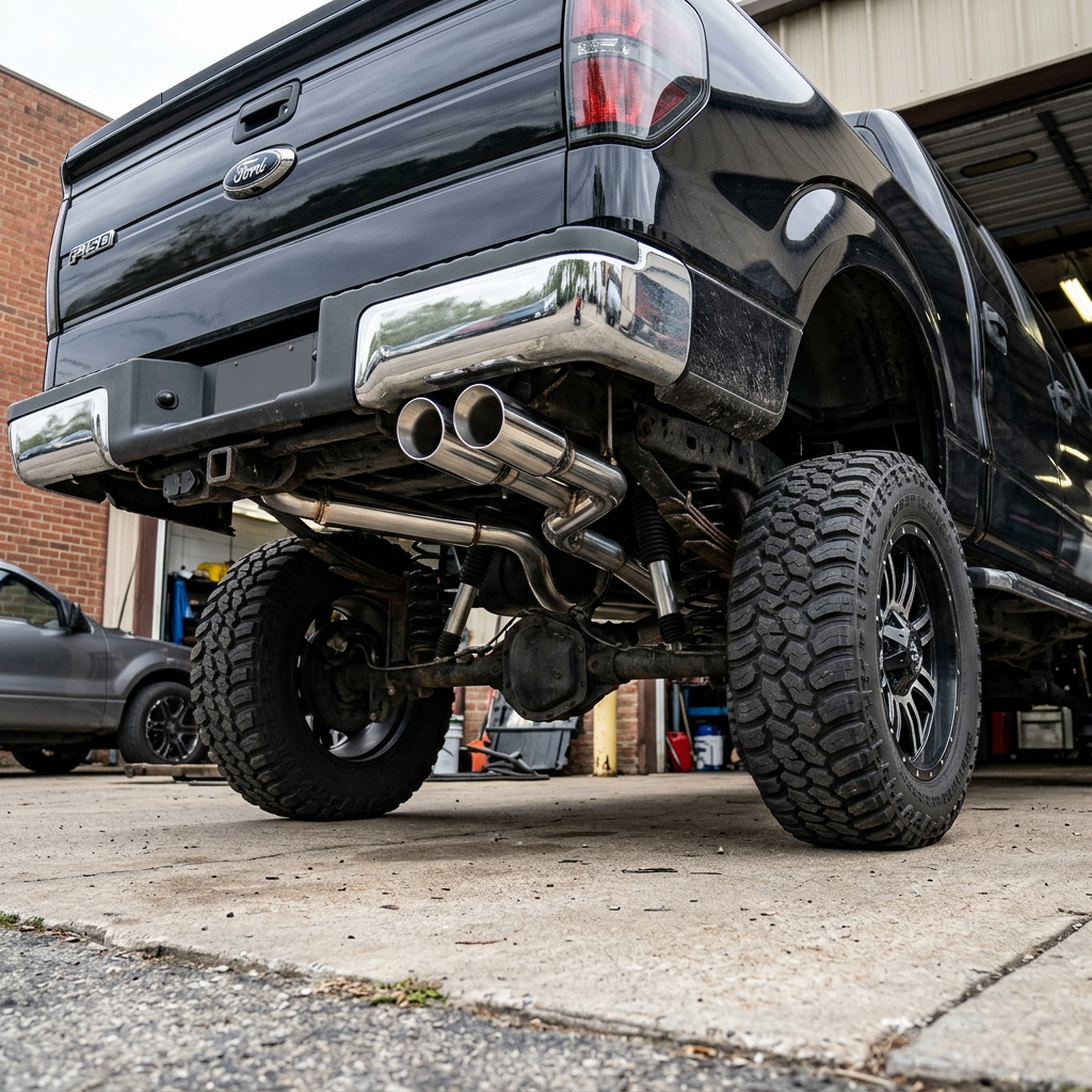 Rear view of lifted black Ford F-150 truck with dual exhaust pipes and off-road tires