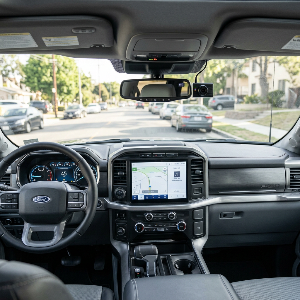 Dashboard and steering wheel of a Ford vehicle with navigation system and dashcam