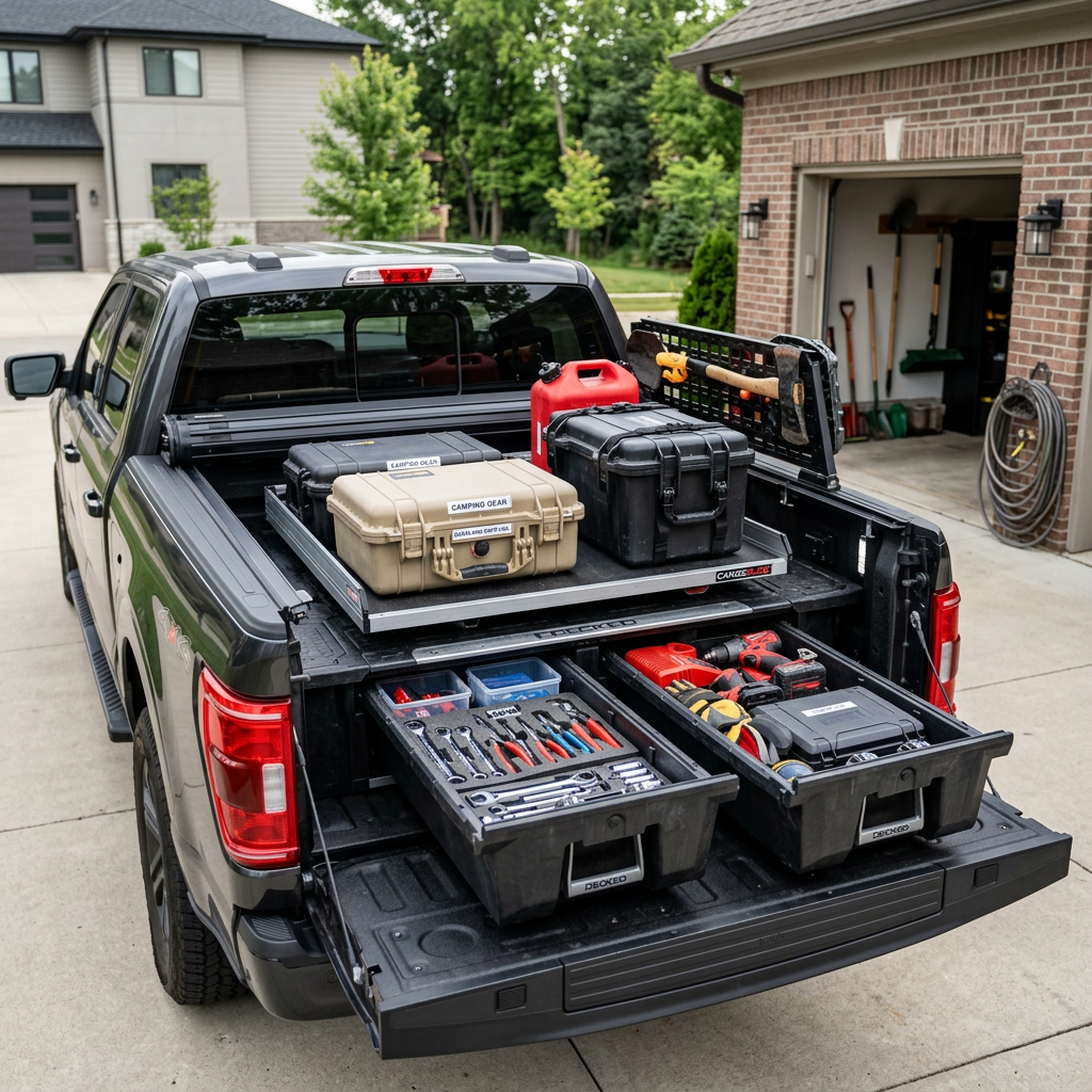 Organized Ford F-150 truck bed with storage systems