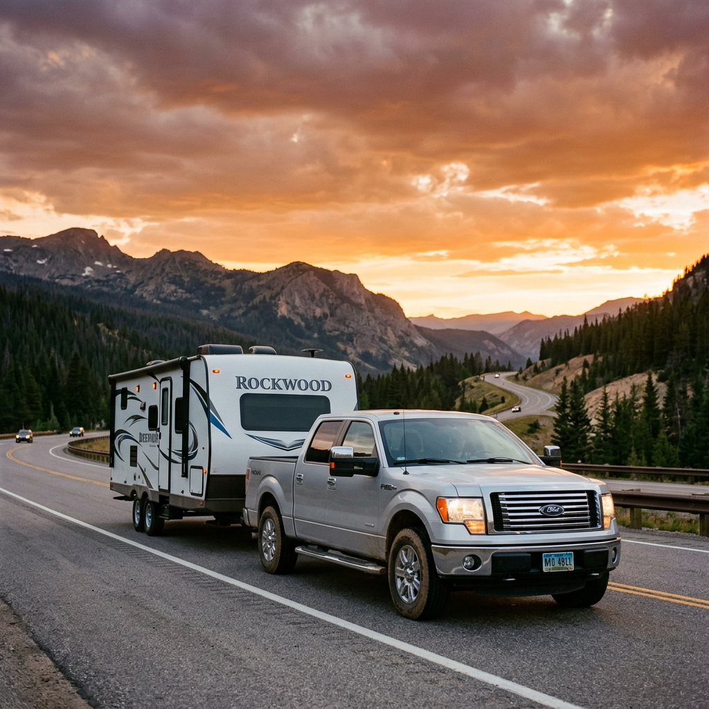 2009-2014 F-150 towing travel trailer at sunset