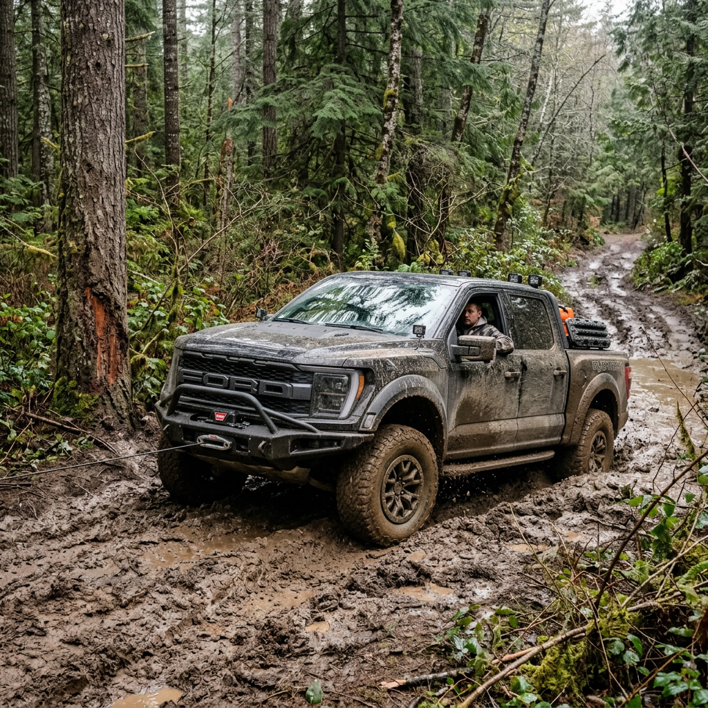 Black off-road truck stuck in thick mud on forest trail with driver inside