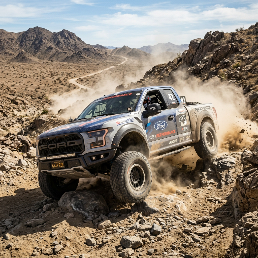 Ford truck number 42 driving off-road on rocky desert trail creating dust clouds