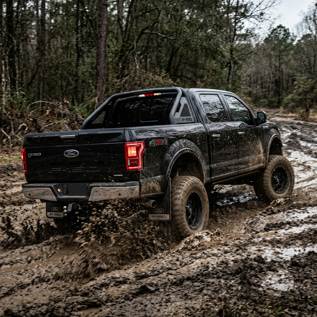 Black Ford F-150 4x4 truck driving through mud on forest trail