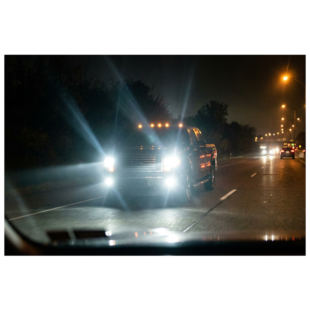 Pickup truck with bright headlights driving at night on highway