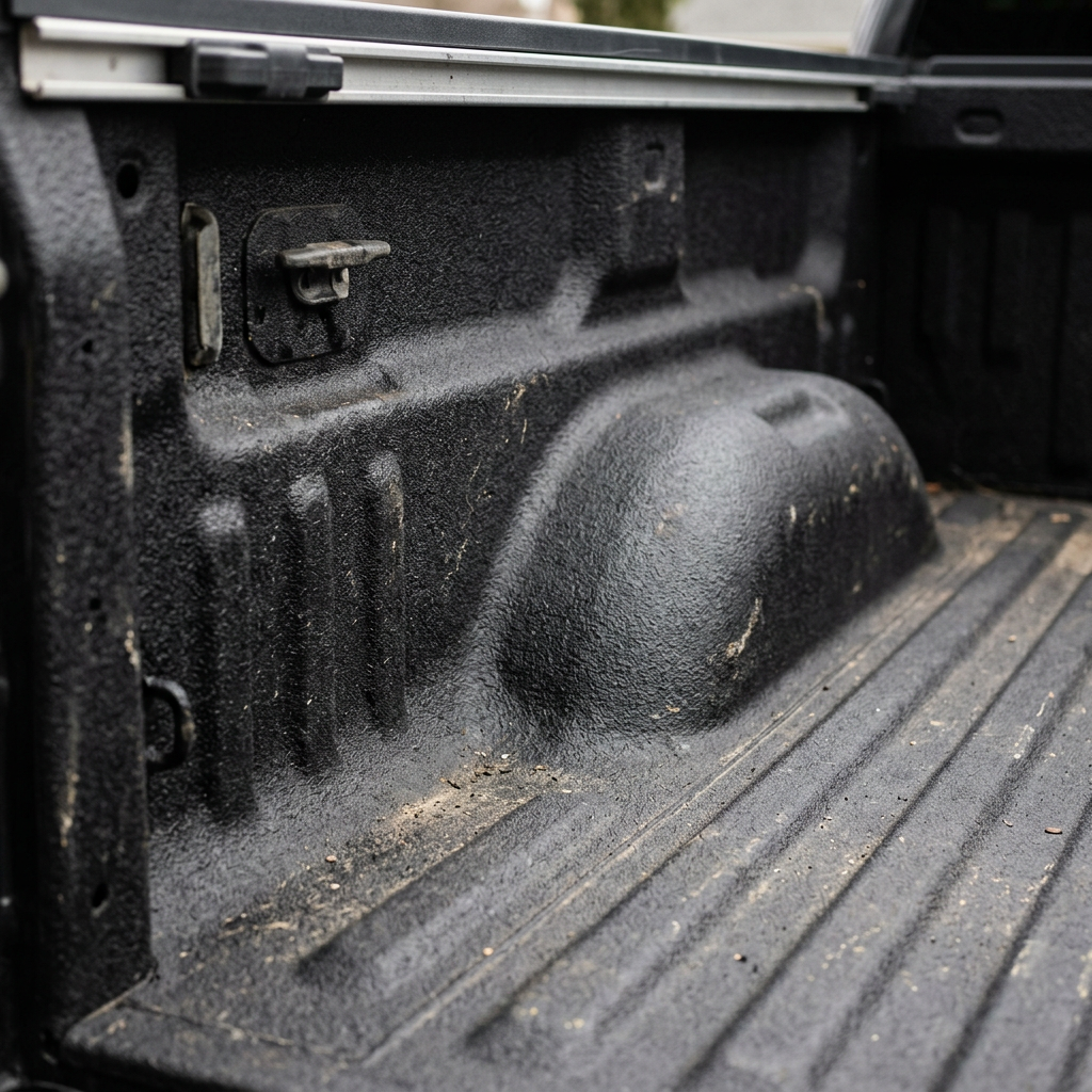 Black textured truck bed liner with visible dirt and tie-down hook