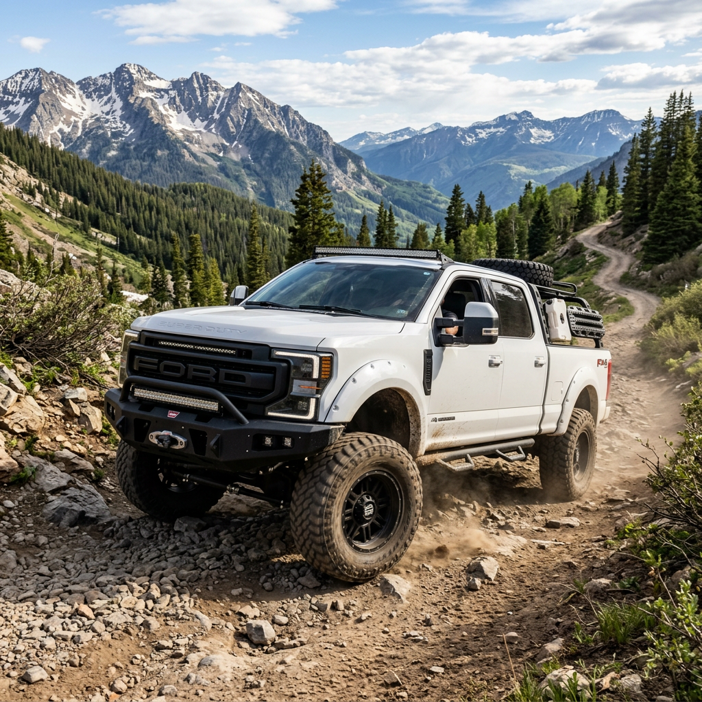 White Ford pickup truck driving on rocky off-road mountain trail