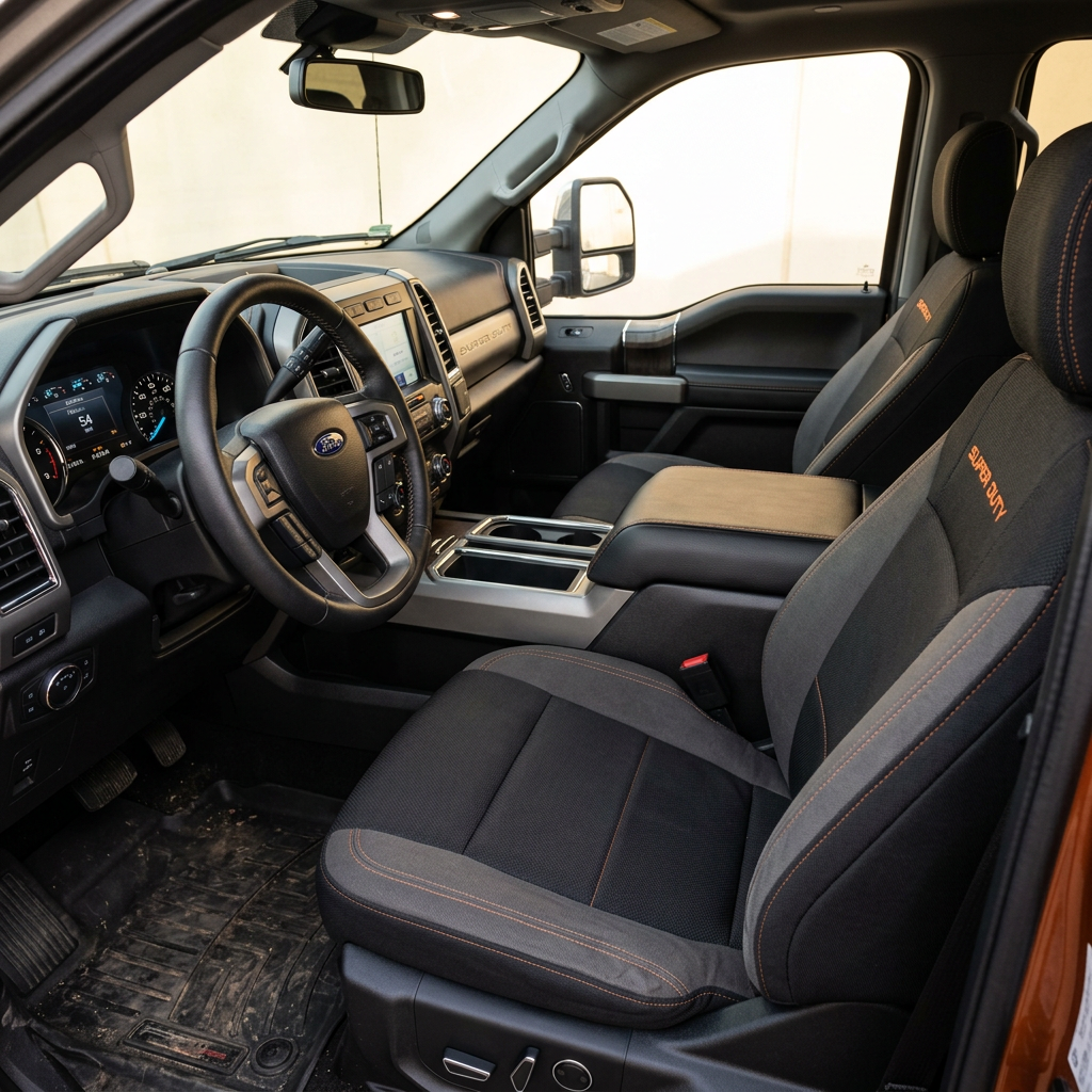 Interior of a Ford Super Duty truck showing steering wheel, dashboard, and front seats with Super Duty stitching
