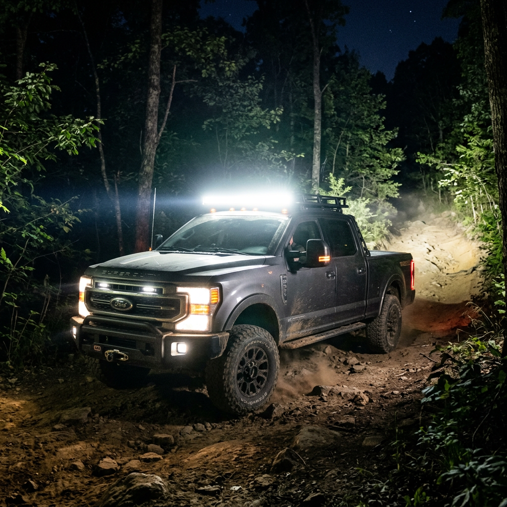 Ford pickup truck driving on rocky forest trail at night with bright LED lights