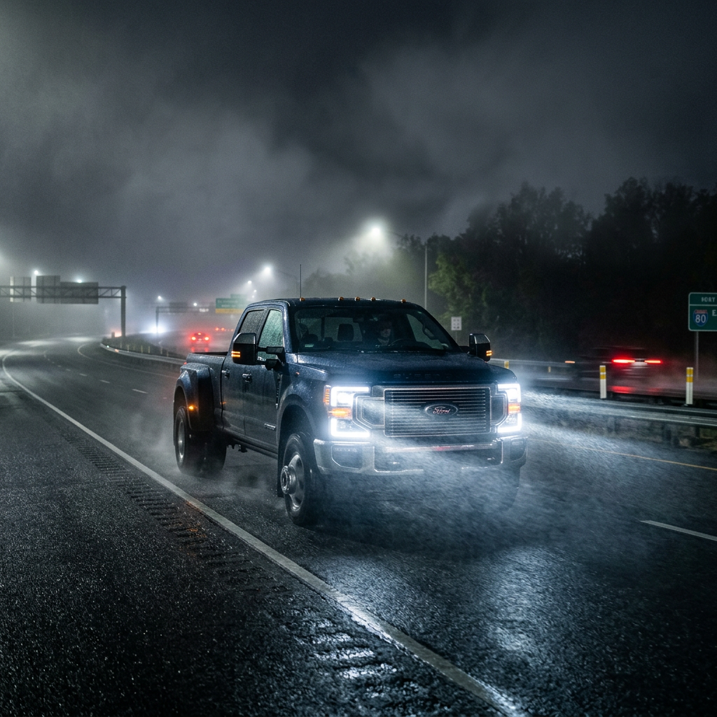 Ford pickup truck driving on wet highway at night with headlights shining through rain
