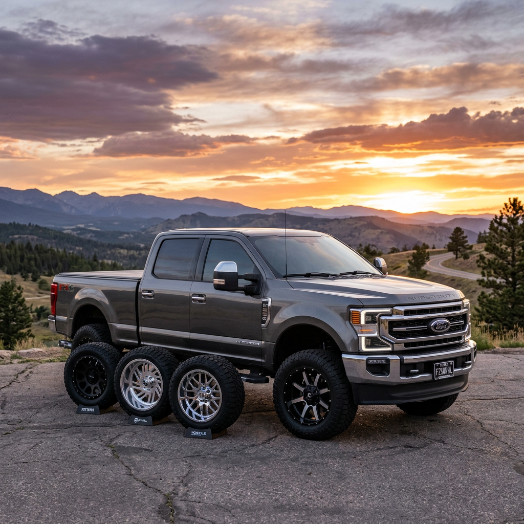 Grey Ford Super Duty truck with four different off-road tires displayed in front, set against a mountain sunset