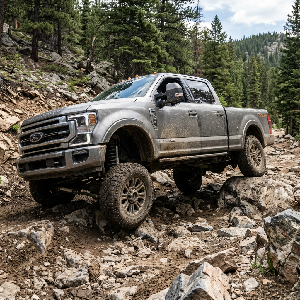 Silver pickup truck driving on rocky off-road trail in mountainous forest