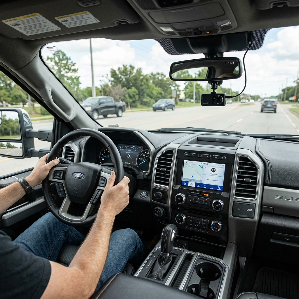 View of driver holding steering wheel inside a Ford truck with GPS navigation and dashcam mounted