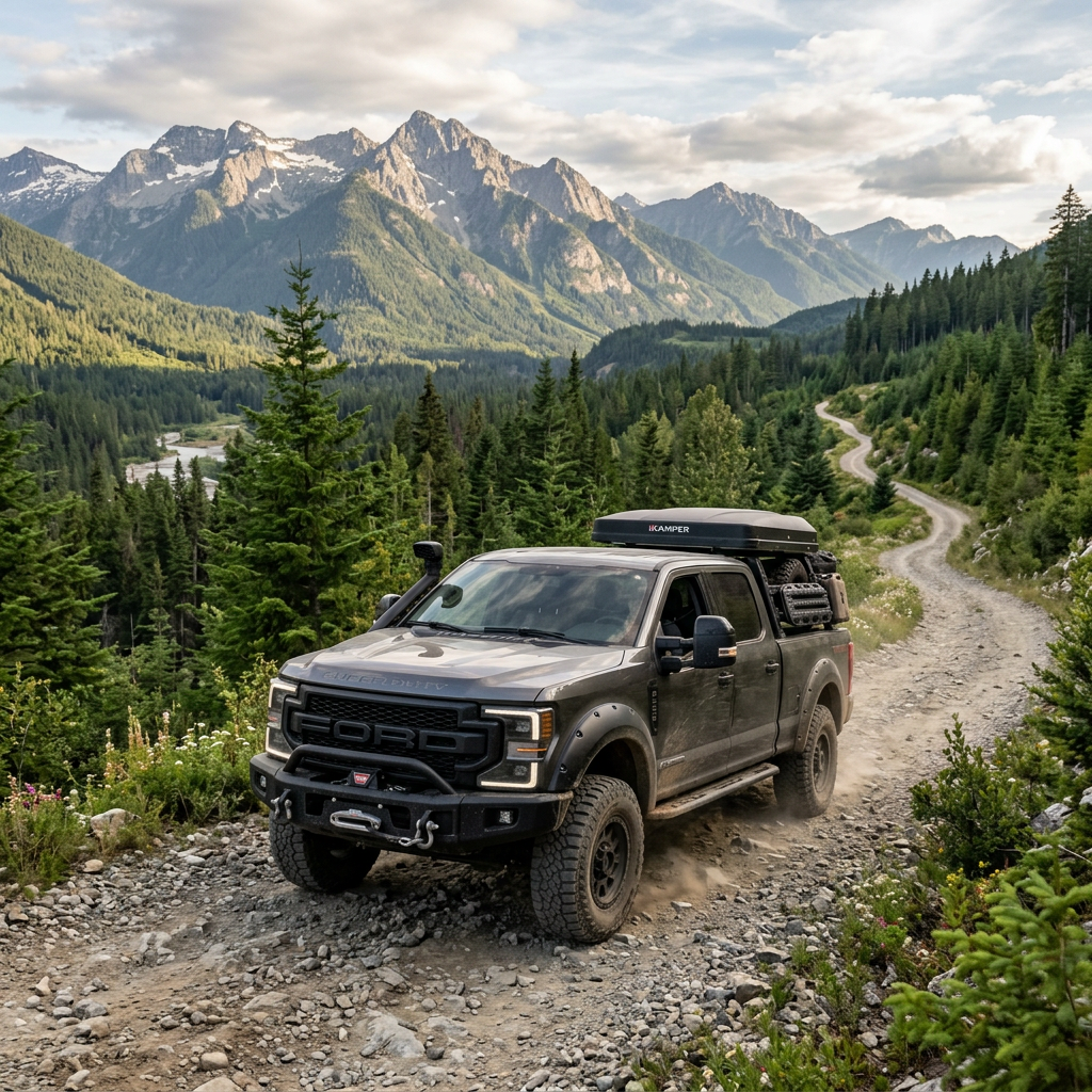 Ford pickup truck on a rocky trail in a forested mountain valley