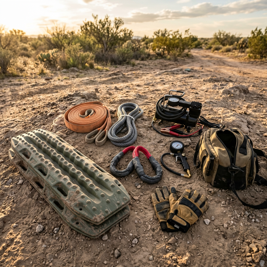 Off-road recovery gear arranged on a rocky desert trail